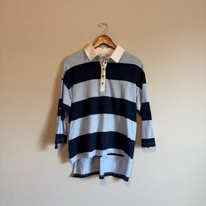 Striped Rugby Shirt Medium Blue Navy White Collar High Low Hem 100% Cotton Retro
